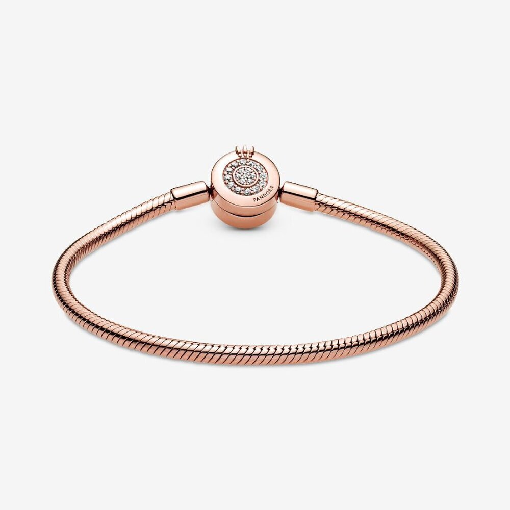 Women's Light Pink Sterling Silver Sparkling Crown O Snake Chain Bracelet Clasp